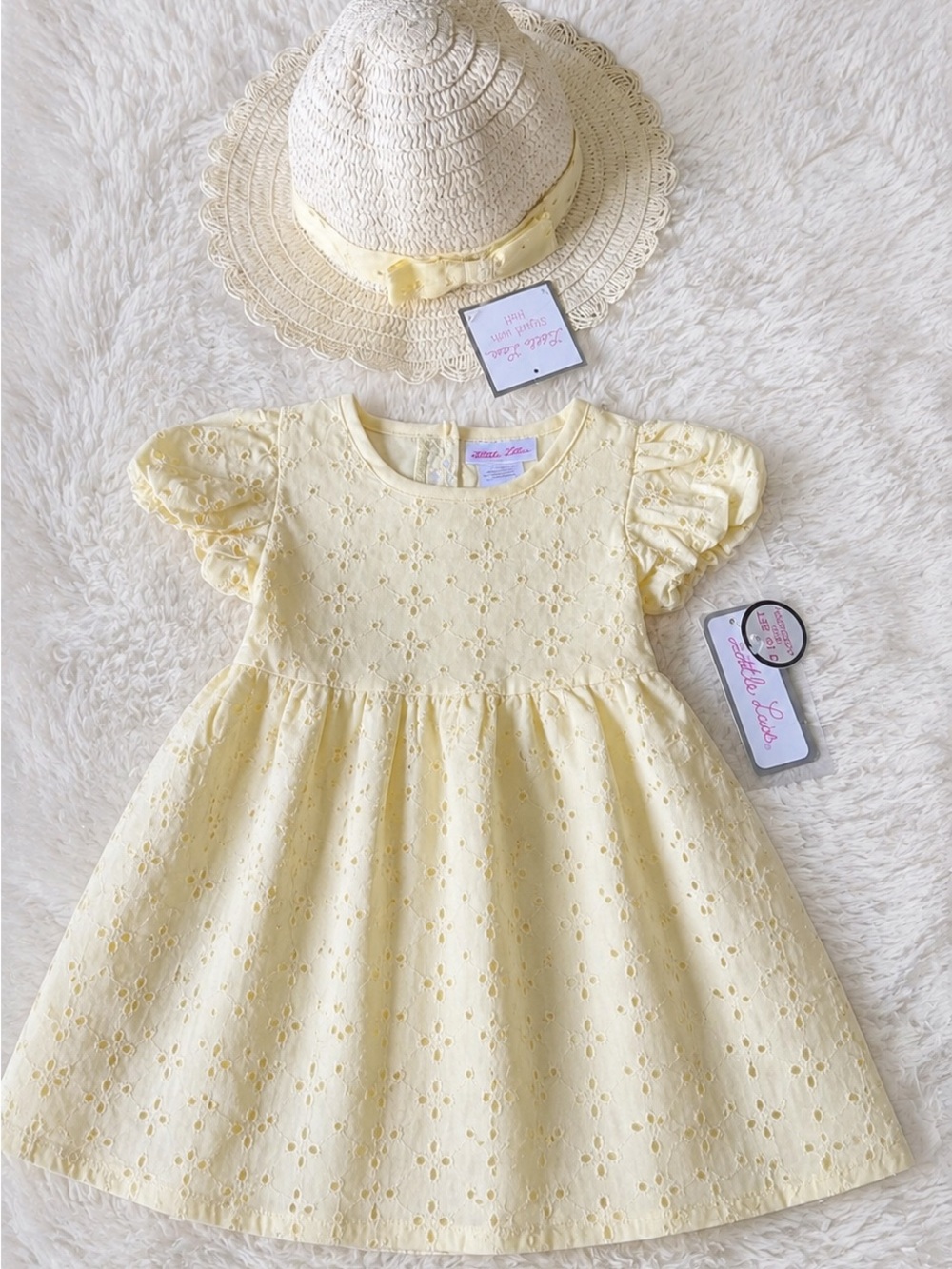 Eyelet Puff Sleeve Yellow Dress with Sun Hat